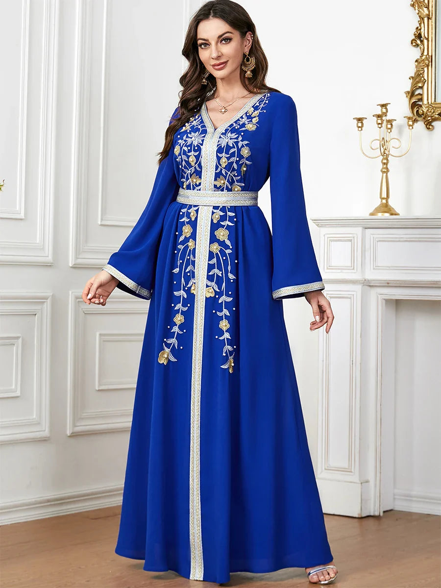 Fashion Ethnic Abayas For Muslim Female Solid Embroidery Beading Full Sleeve V-Neck Tunic Robe Morocco Dubai Clothing Blue Dress
