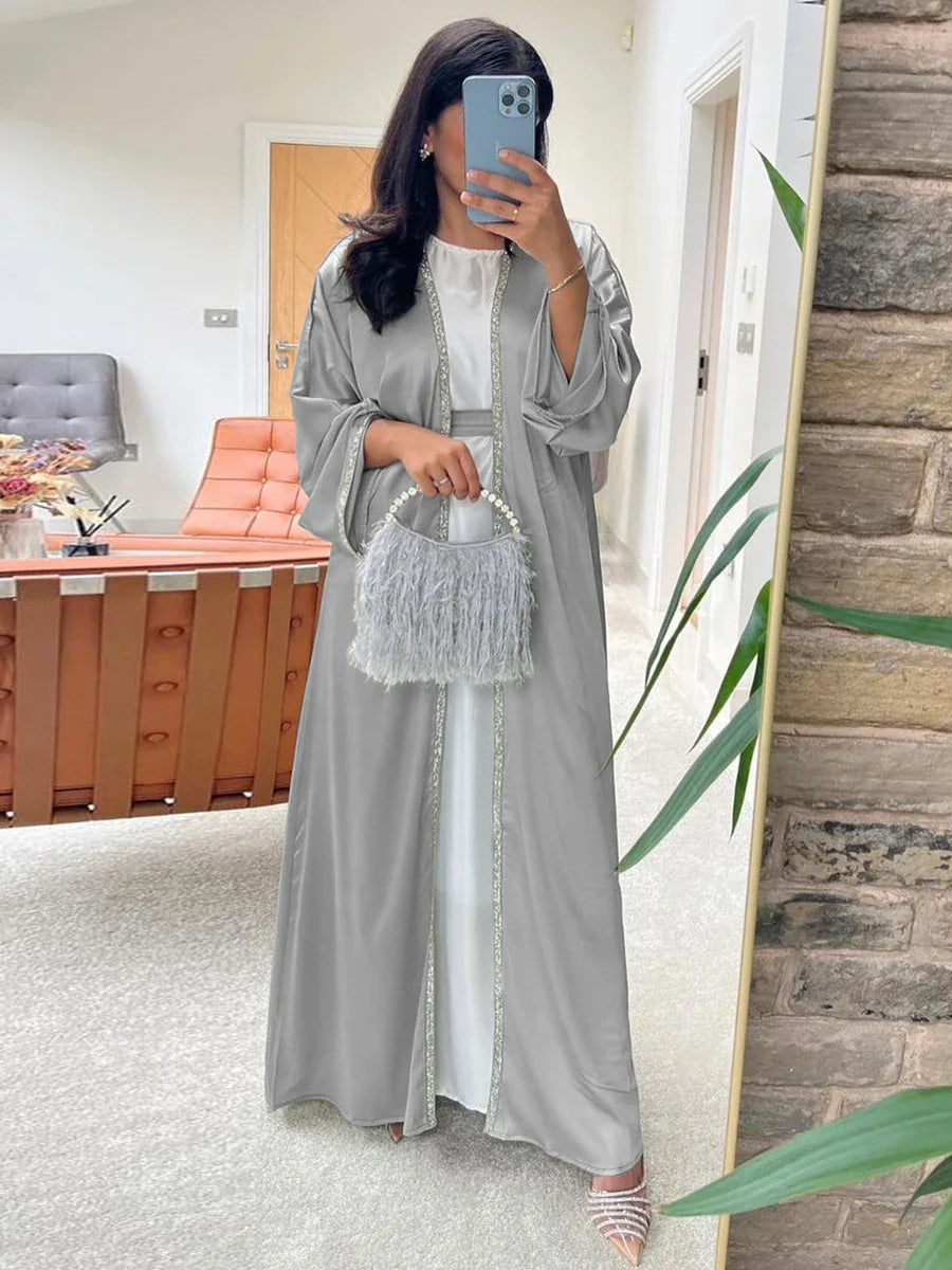 Open Kimono Dubai Abaya Chic Diamonds Solid Full Sleeve Cardigan Belted Clothing Elegant Casual Moroccan Women Caftan Gray Abaya