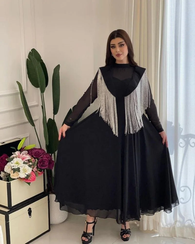 Ramadan Long Dress Moroccan Caftan 2023 Women's Spring Summer Big Swing Sexy High Waist Tassel Splice Chiffon Evening Dress black