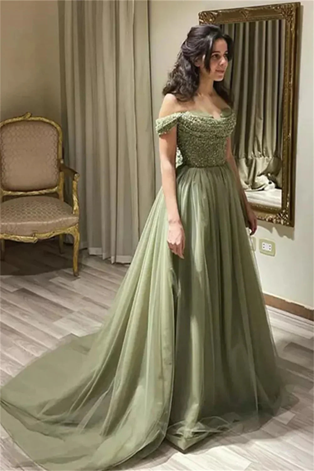 Green Shiny Sequins Prom Dresses Off the Shoulder Tulle Wedding Dress Elegant Sleeveless Floor-Length Vestidos De Fiesta