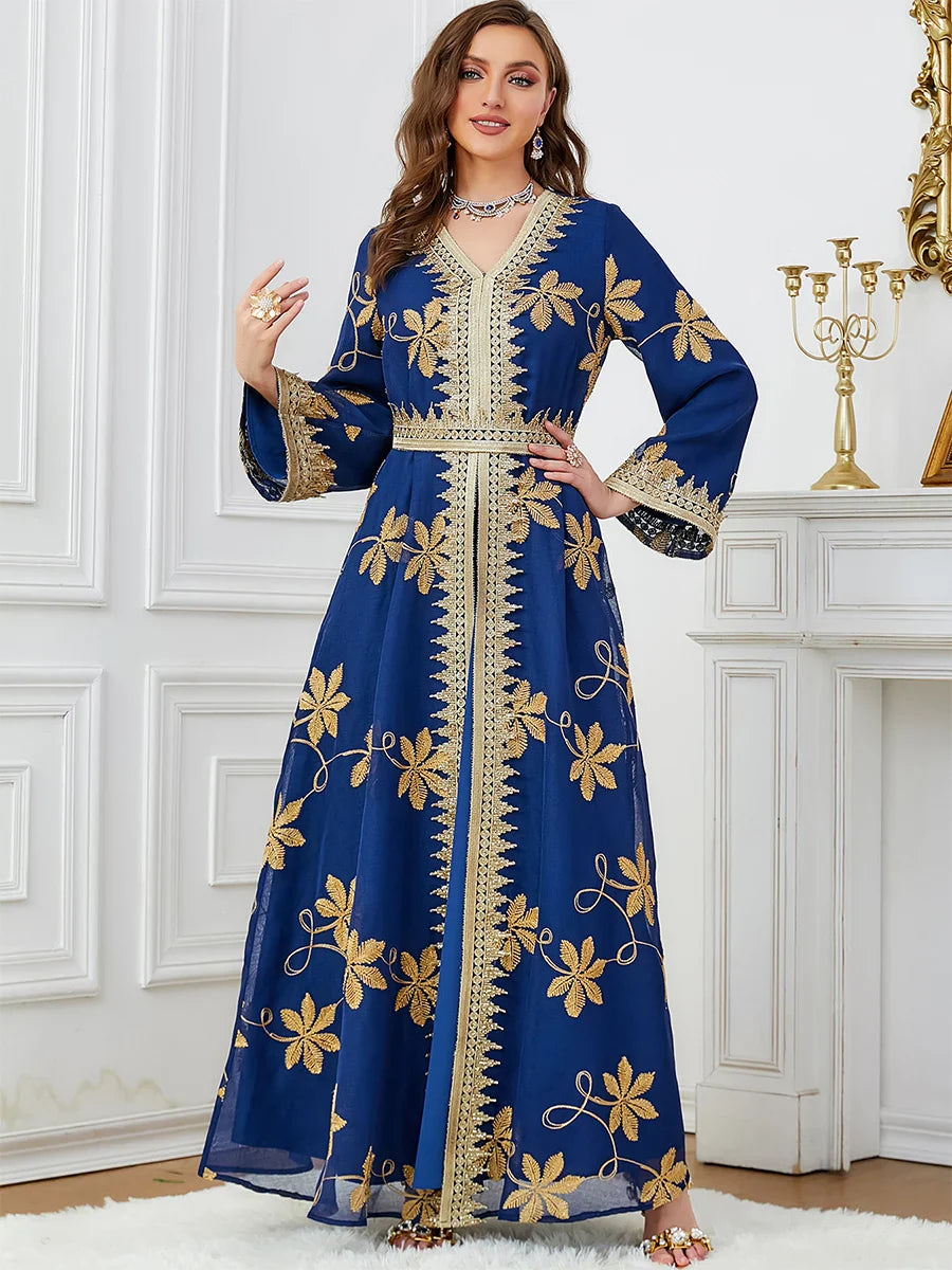 Fashion Abaya Marocain Femme For Uae Dubai Kuwaiti Women's Jalabiyat 2 Piece Set Full Sleeve Belted Gown Evening Dress Navy Blue Dress