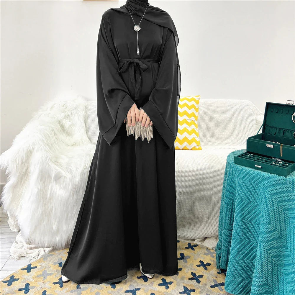 Elegant Shiny Satin Abaya Modest for Women Muslim Eid Dress Ramadan Kaftan Arabic Long Robe Dubai Femme Islamic Jalabiya Vestido 06 black