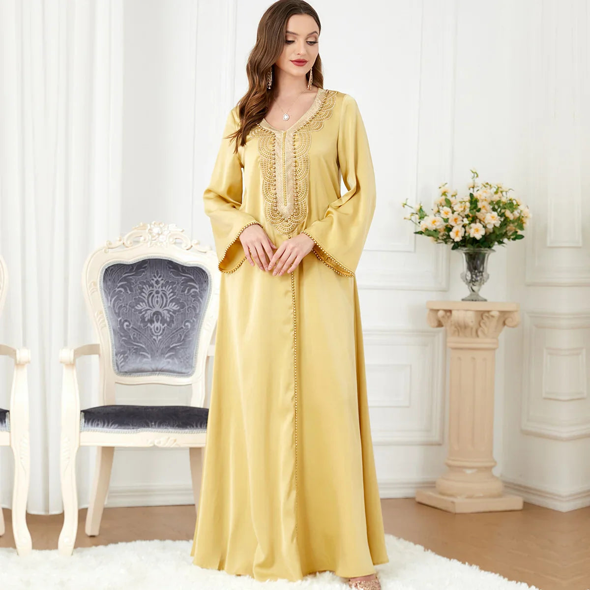 Abaya For Women Ramadan Dubai 2023 Arab Apparel Women's V-neck Beaded Long Sleeve Fashion Dress V-neck Embroidery Long Dress Yellow