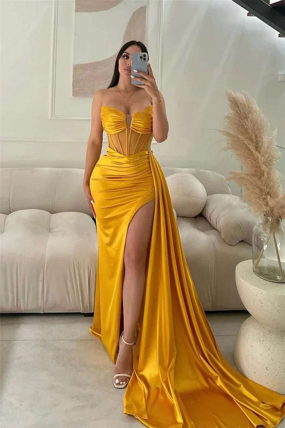 Strapless Prom Dresses Mermaid Satin Wedding Dress Elegant Sleeveless Floor-Length Sexy Side Split Vestidos De Fiesta