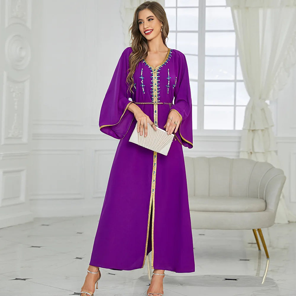 Ramadan Dubai Kaftan Muslim Women Long Dress Satin Abaya Arab Middle East Islamic Luxury Rhinestone Party Gown Moroccan Jalabiya EEC175-2