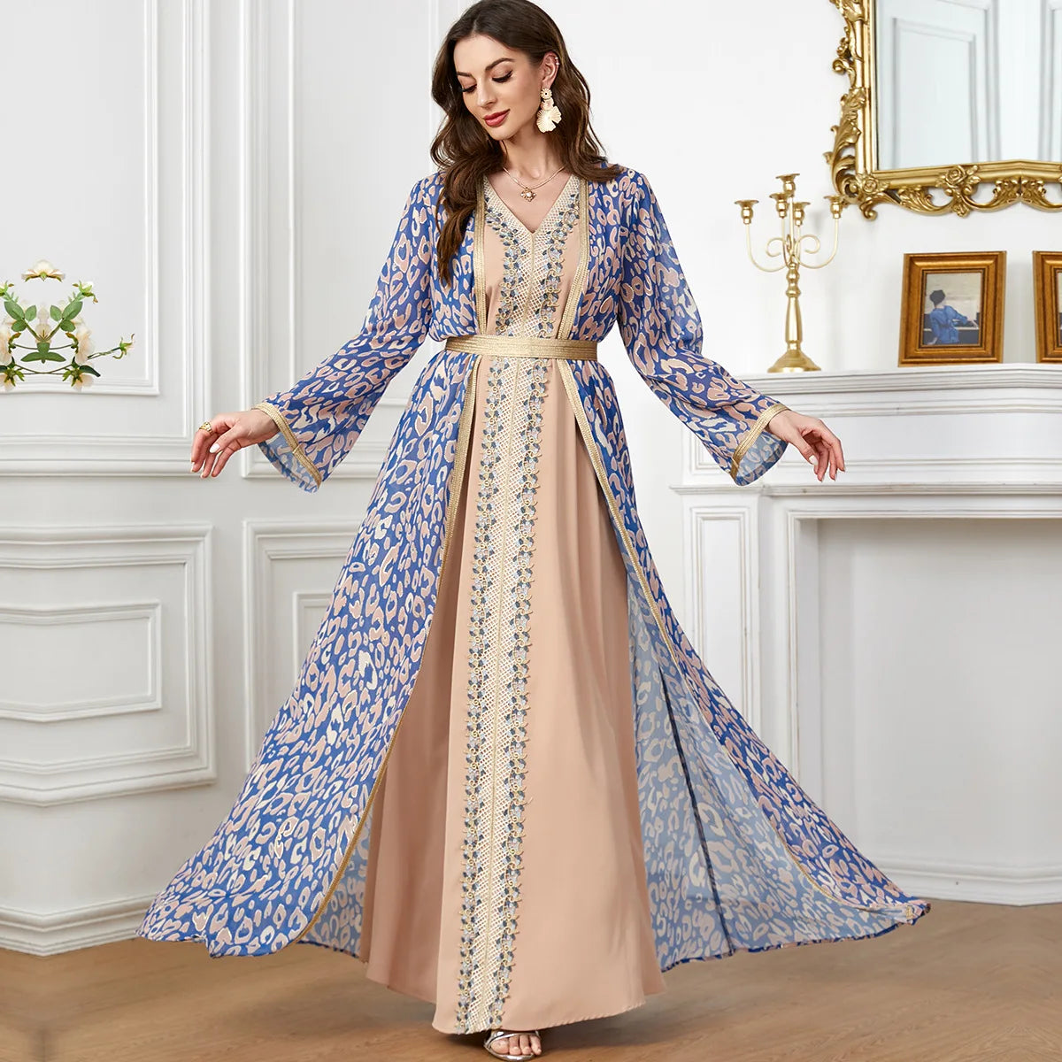 Muslim Dress Two Piece Set Spliced Abaya Dress for Party V-neck Long Sleeves Dubai Middle East Turkey Caftan Kafftan Clothing Blue