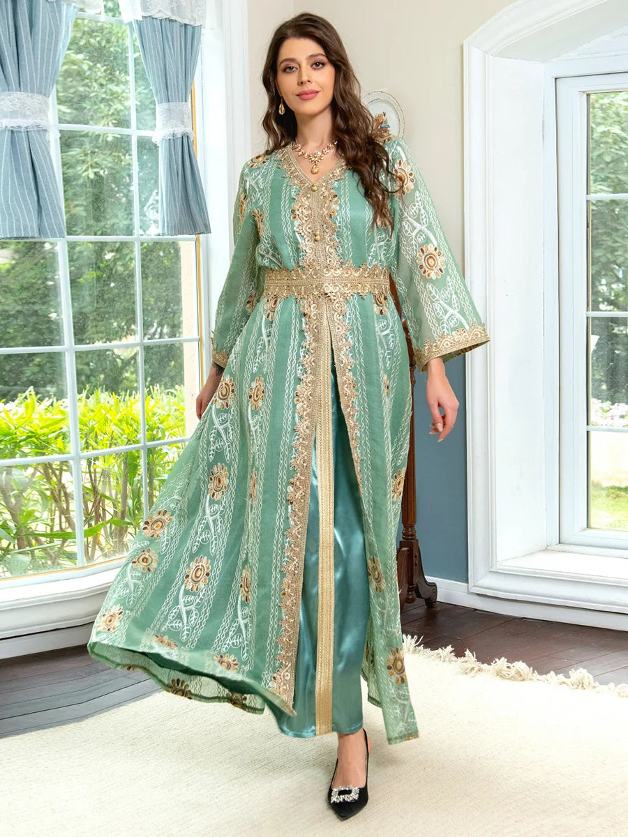 Muslim Ramadan Satin Mesh Floral Embroidery Ethnic Belted Dresses Fashion Moroccan Kaftan Women Jalabiya Party Outfits Light Green Dress