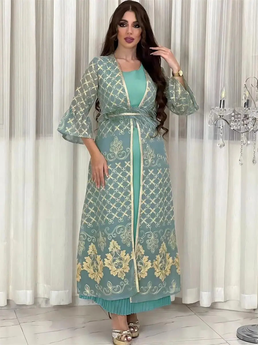 Turkish Dubai Luxury Floral Gold Stamping Evening Party Gown Set Eid Al-Adha Boubou Women Kaftan With Feathers Sashes Green Robe