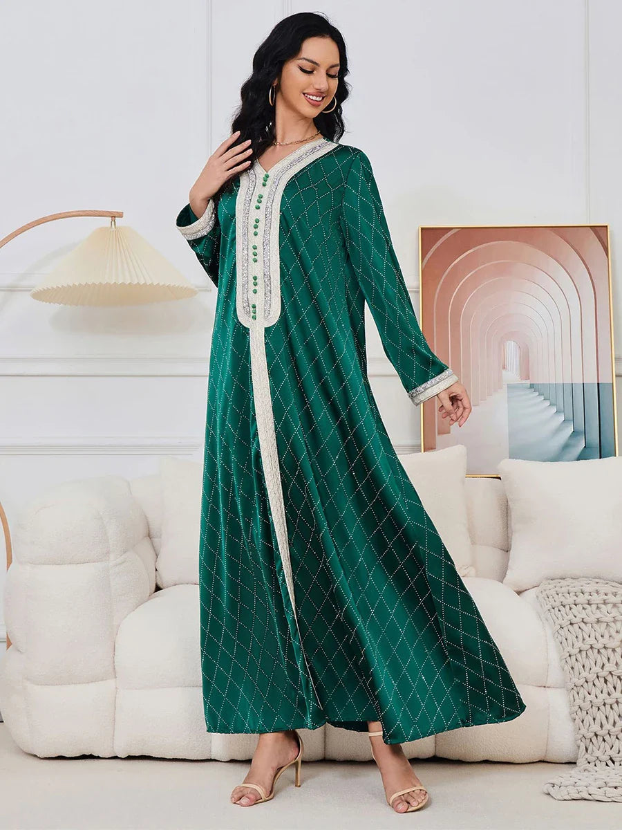 Arab Women Clothing Diamonds Casual Loose Long Sleeve V-Neck Abaya Jalabiyat Moroccan African Evening Party Caftan Green Dress