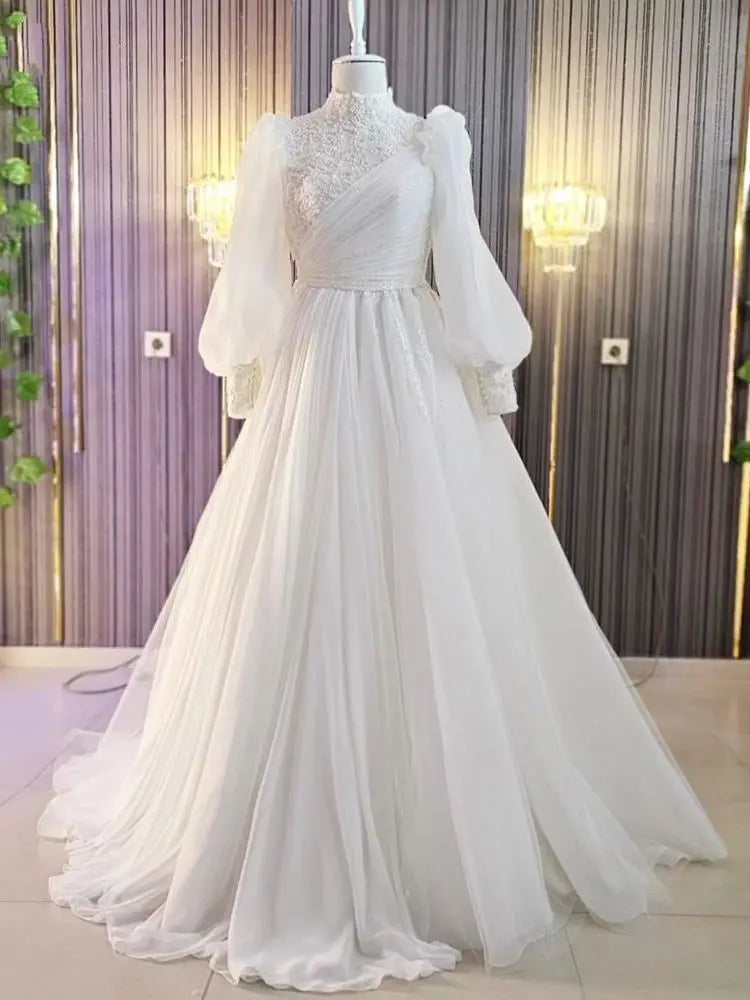 High Neck Muslim Wedding Dresses for Bride Vestidos De Novia A-Line Beaded Organza Lace Puffy Sleeves Bridal Gowns Ivory