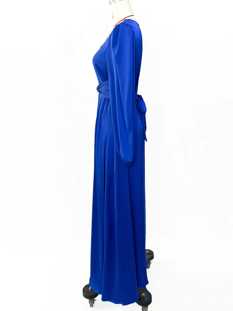 Blue Satin Long Dress Abaya Women Handsewn Rhinestones Belted Eid Ramadan Muslim Dresses Islam Dubai Turkish Modest Abayas