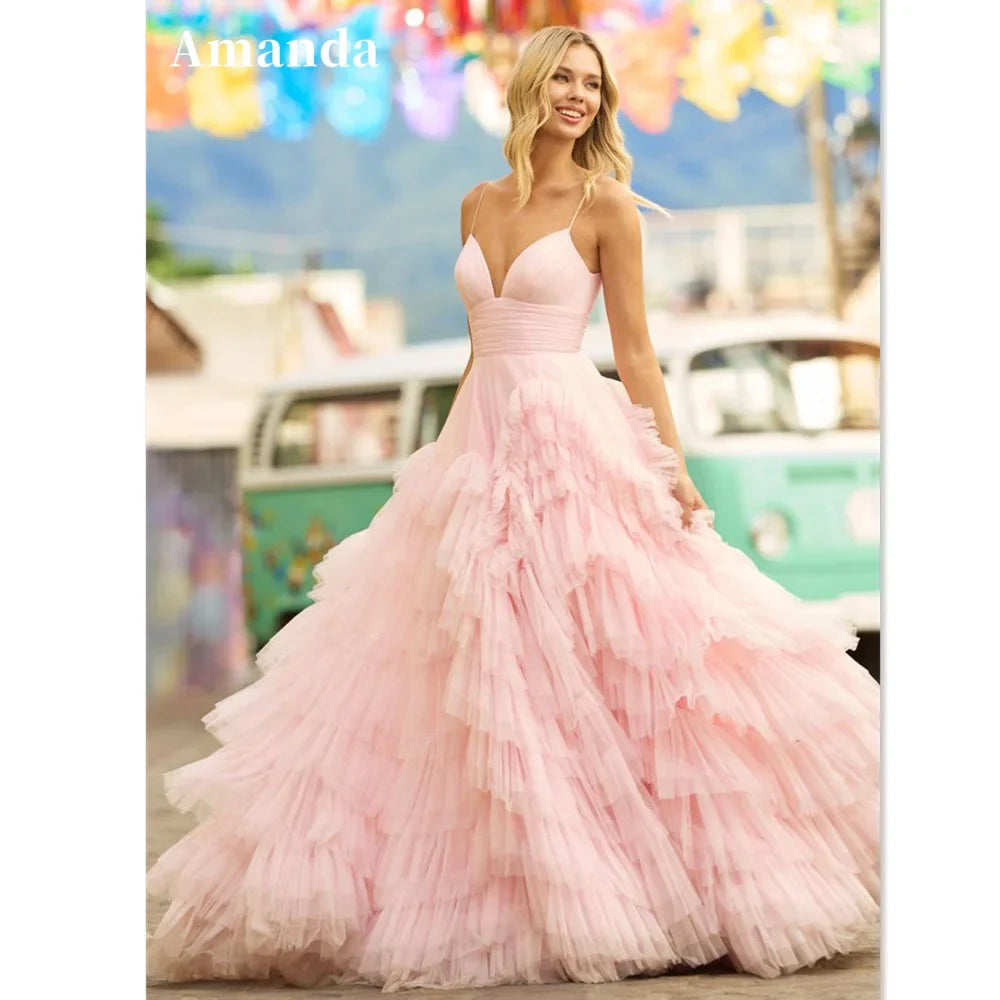 Baby Pink Multilayer Prom Dress Princess Evening Dresses Tulle Sweep Train Party Dresses Sleeveless Robe De Soirée