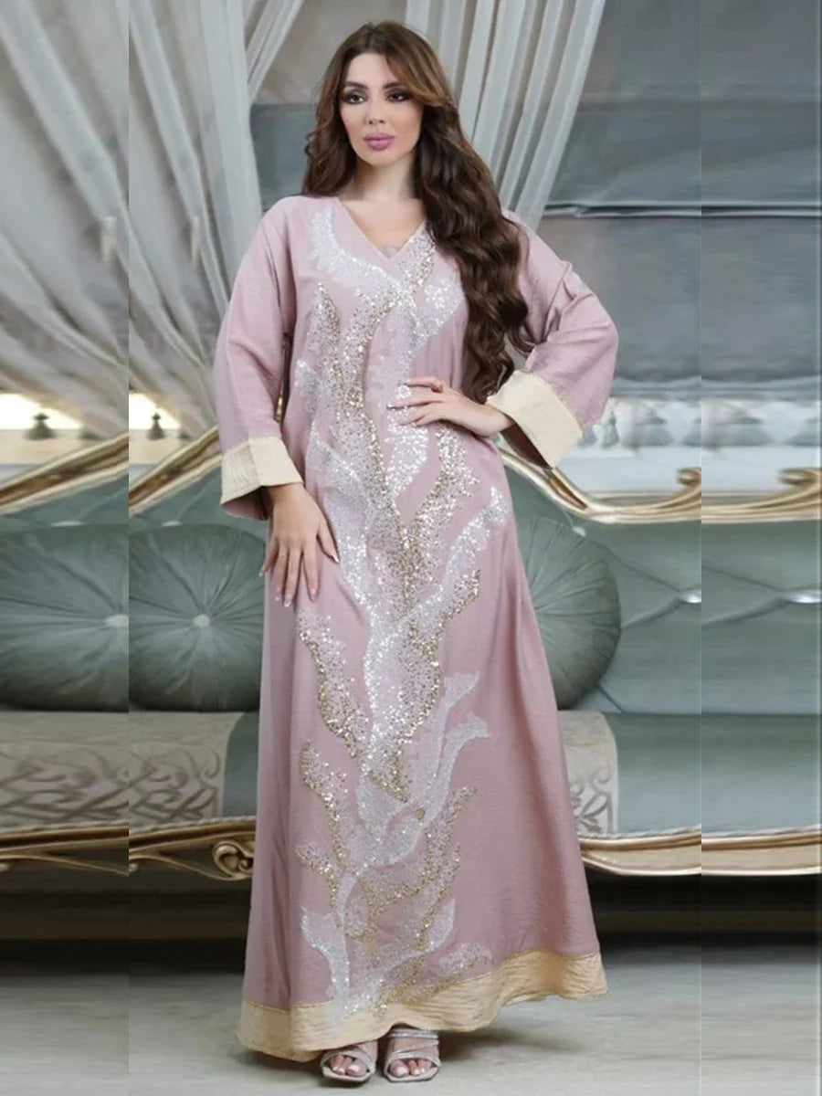 Abaya Muslim Fashion Mesh Diamonds Patchwork Full Sleeve V-Neck Belted Clothing Casual Loose Moroccan Women Long Dress Pink Dress