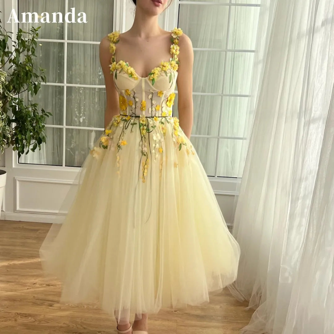 Faint Yellow A-line Prom Dresses 3D Flower Lace Appliques Formal Occasion Knee-Length Elegant Sleeveless Valentines Day as pic