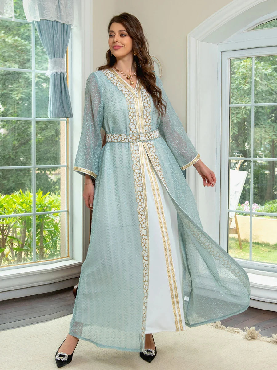 Fashion Muslim Sets Sleeveless Under Dress And Bleted Sequins Long Dresses Galabia Ramadan Jellabiya Saudi Arab Kaftan Light Green Sets