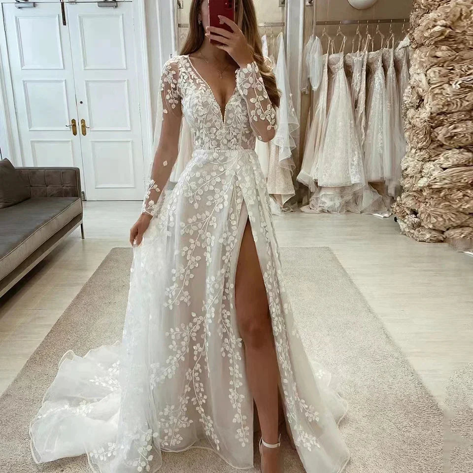 Gorgeous V Neck Long Sleeves Wedding Dresses Lace Applique Bride Gowns Sexy Split Tulle A Line Sweep Train Vestidos De Novia 14W