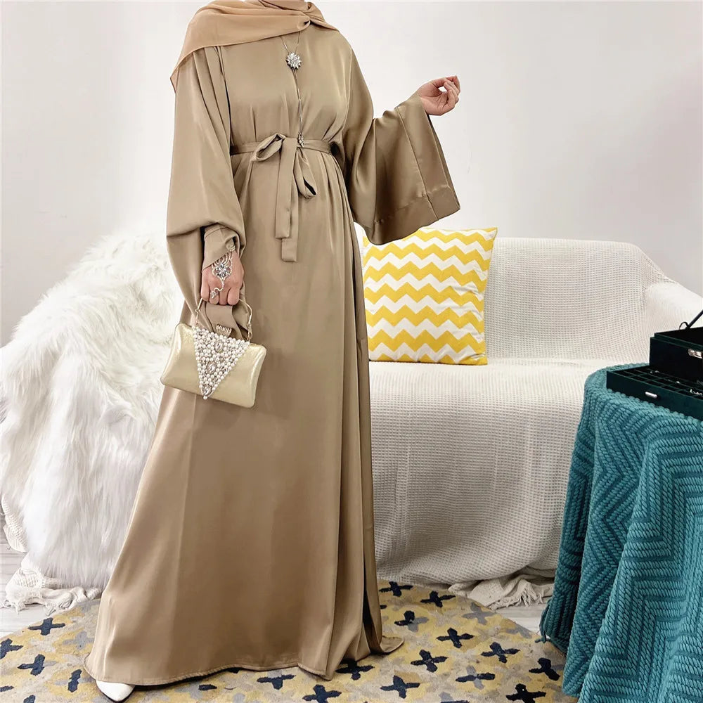 Elegant Shiny Satin Abaya Modest for Women Muslim Eid Dress Ramadan Kaftan Arabic Long Robe Dubai Femme Islamic Jalabiya Vestido 03 khaki