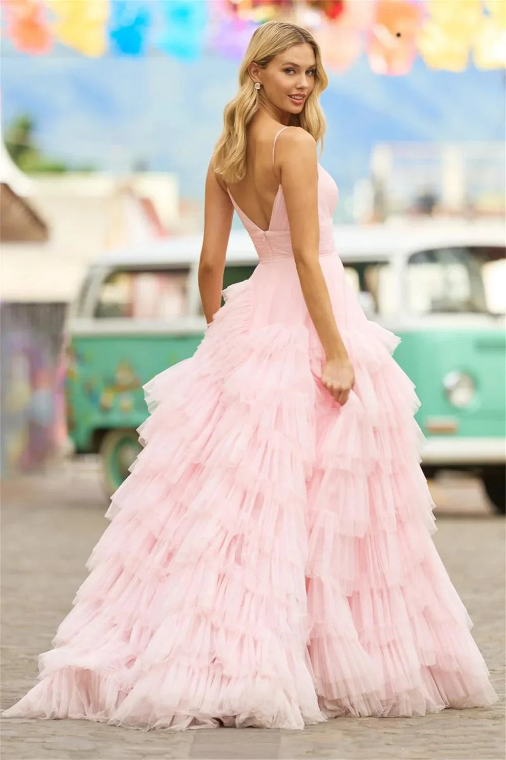 Baby Pink Multilayer Prom Dress Princess Evening Dresses Tulle Sweep Train Party Dresses Sleeveless Robe De Soirée