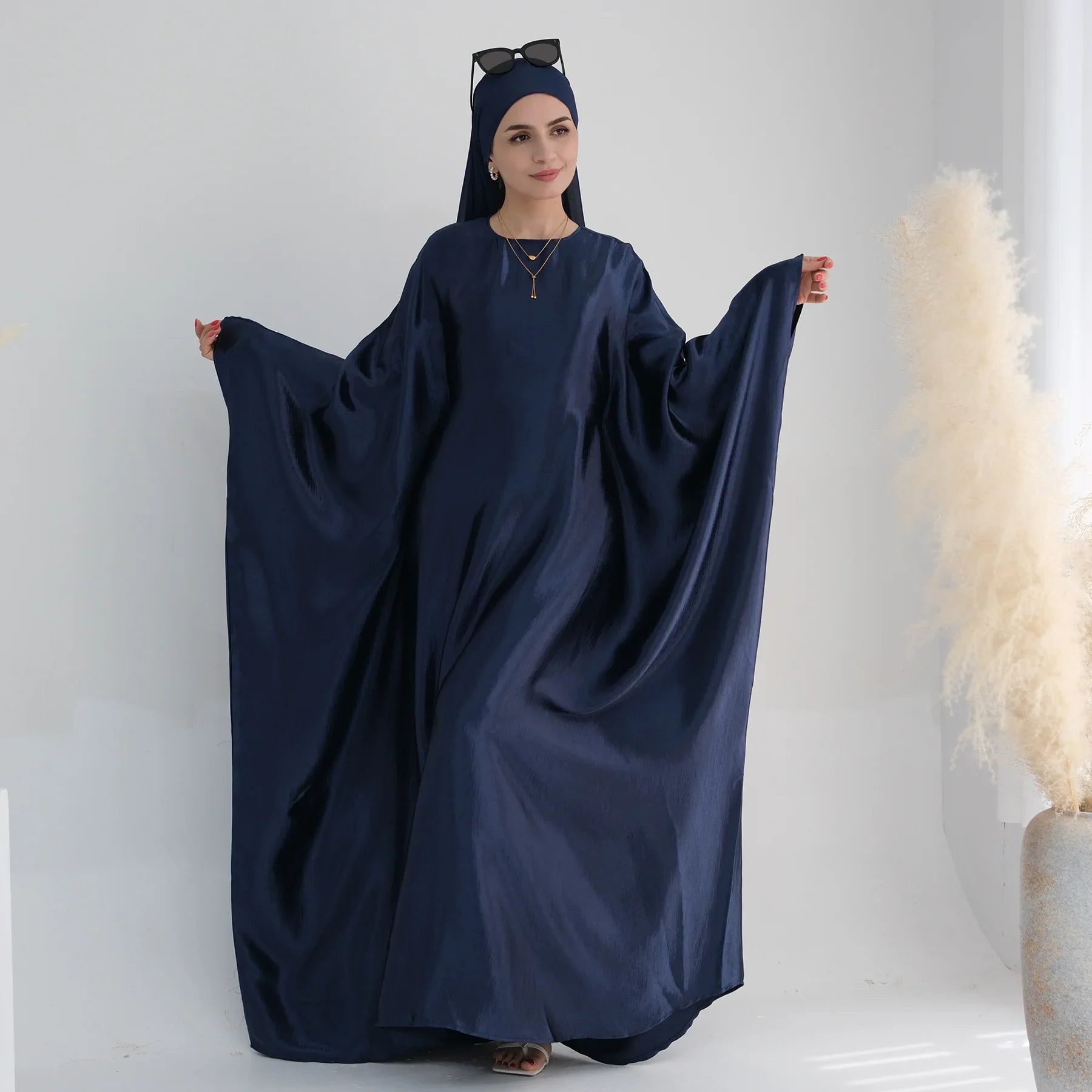 Kaftan Dubai Luxury Shiny Satin Evening Party Abaya Dress Muslim Women Islamic Clothing Caftan Turkish Ramadan Eid Moroccan Navy and Scarf