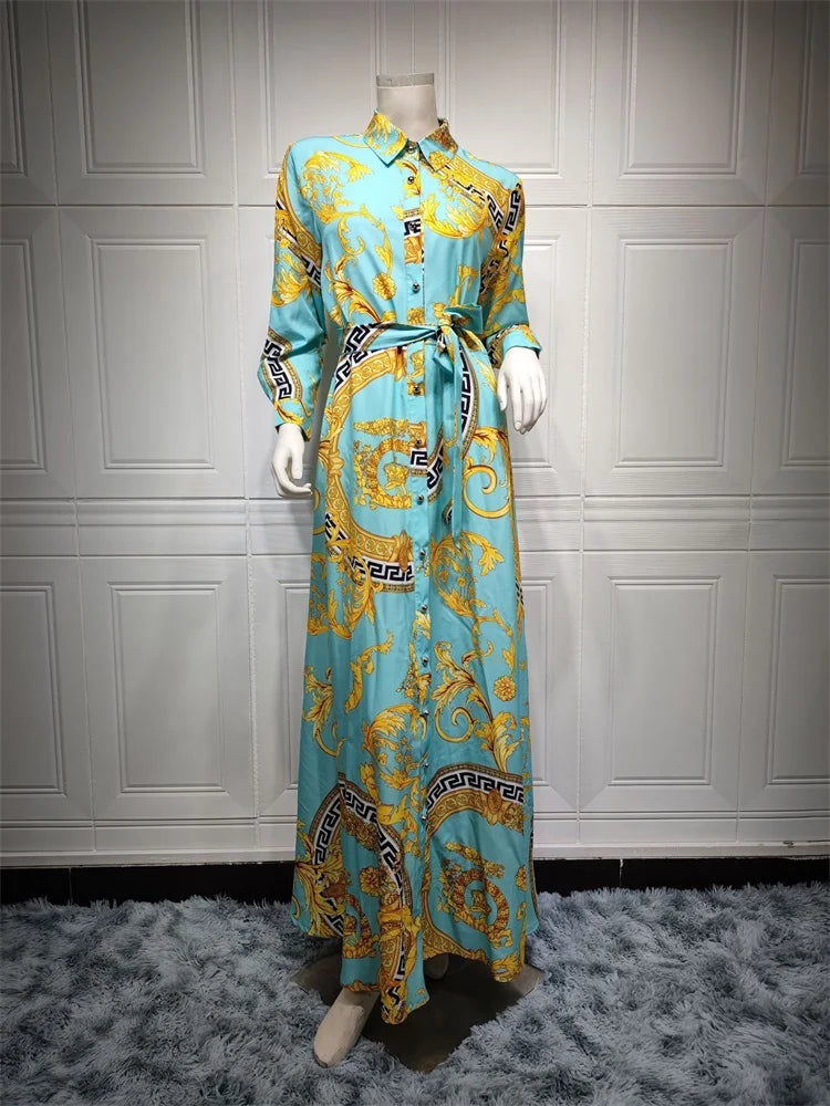 Ethnic Print Maxi Dresses for Women Single-breasted Lapel Shirt Dress Dubai Turkey Arabic Oman Middle East Clothing 2021 New light Green Dress