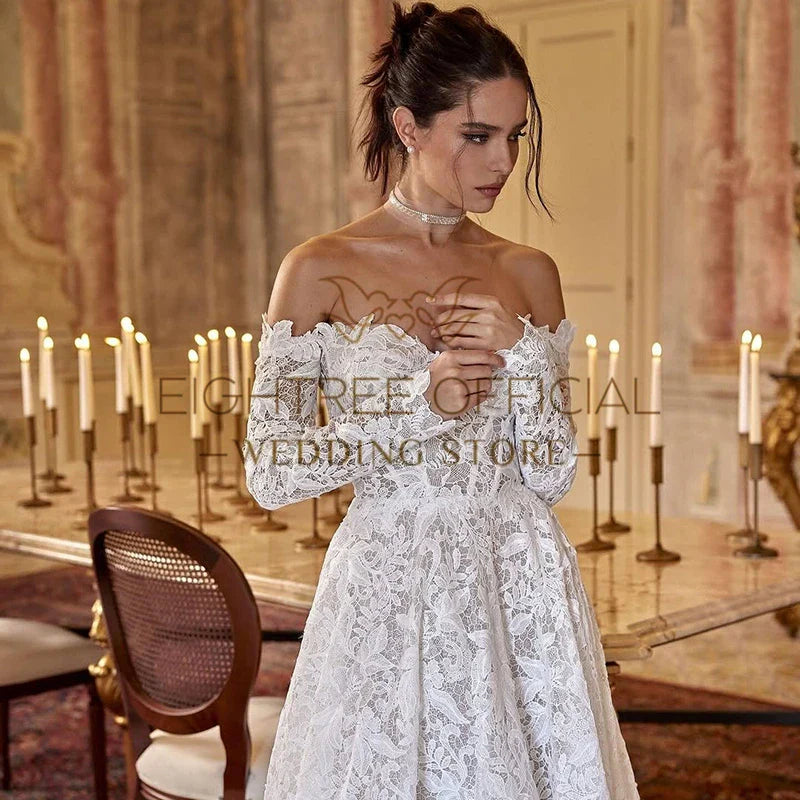 Women Princess Wedding Dresses Long Sleeves Lace Appliques Long Bridal Dress Formal Wedding Ball Prom Gowns Customized