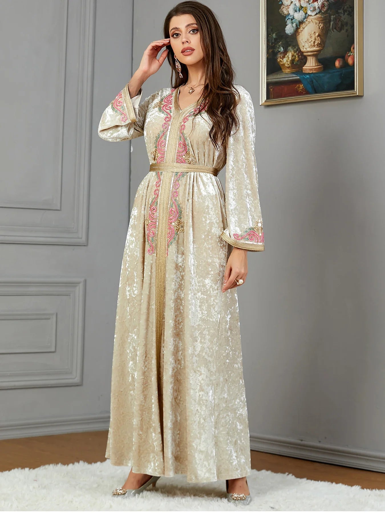 Velour Kaftan Dress Dubai Moroccan Arabic Evening Party Gown Winter Abaya Islamic Clothing Embroidery Appliques Muslim Women