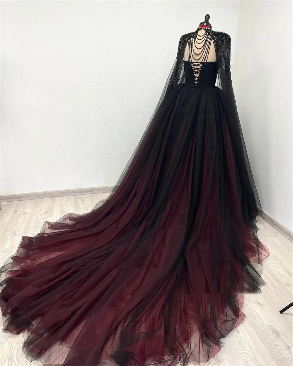 Gothic Black WIth Red Wedding Dress Sequins Cape Sleeve Ball Gown Vestidos De Novia Handmade A-line Prom Dresses