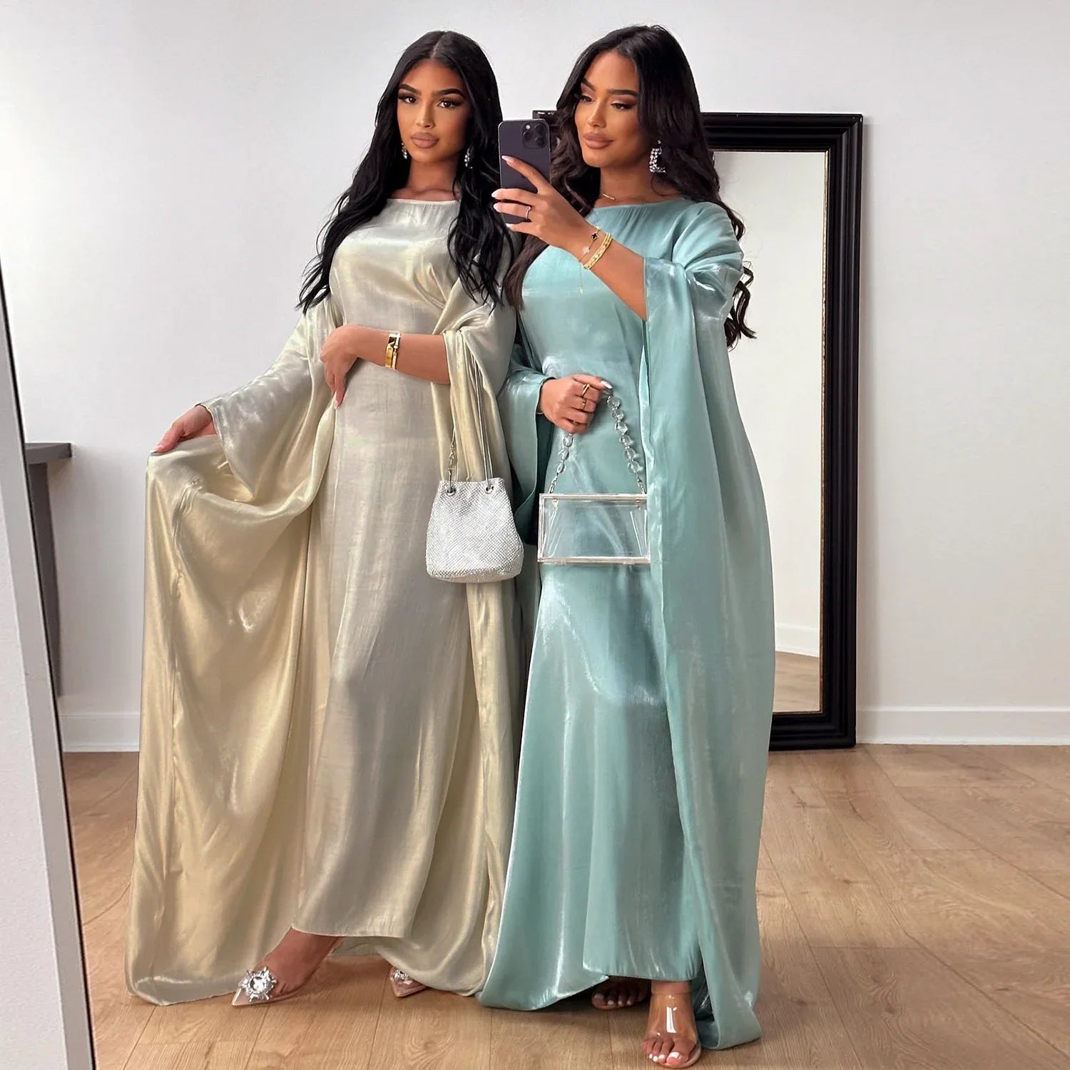 Abaya Women Ramadan Shiny Dubai Muslim Dress Female Bat Sleeve Loose Robe Eid Djellaba Jalabiya Turkey Prayer Gown Arabic Kaftan