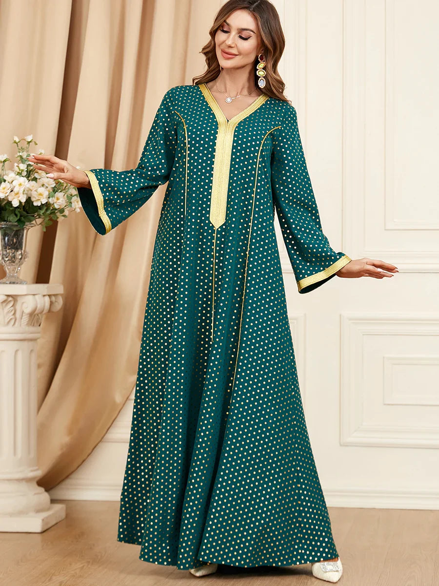 Elegant A-Line Dress V-Neck Lace Tape Polka Dot Print Long Dresses Abayas For Womens Dubai Ramadan Jalabiyat 2023 Dark Green Dress