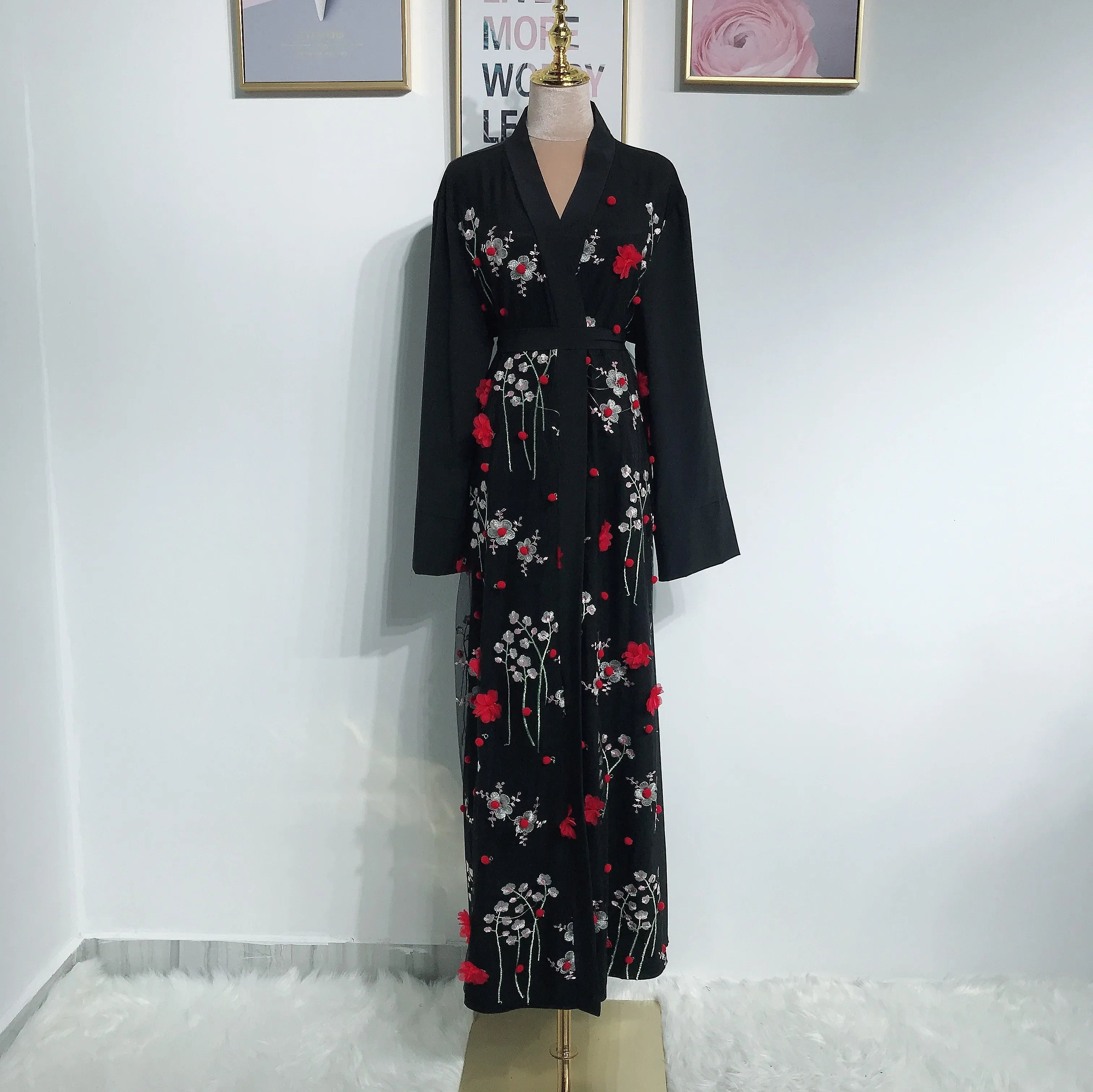 Ramadan Eid Women Muslim Open Cardigan Embroidery Dress Abayas Dubai Islam Kimono Clothing Robe Arab Turkey Kaftan Kaftan Caftan 02 black