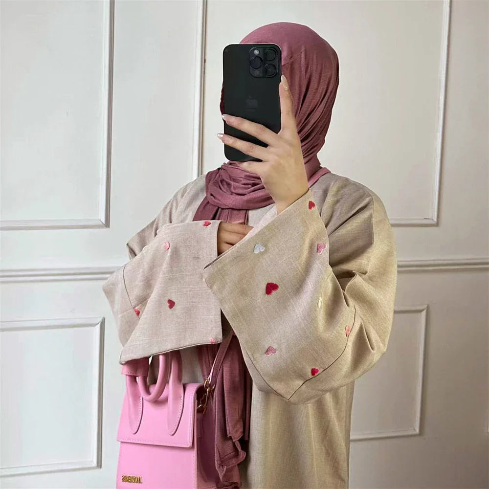 Love Embroidery Open Abaya Kimono Long Maxi Dress Coat Hijab Muslim for Women Islam Modest Clothing Eid Party Turkish Dubai Robe Khaki(Pink Heart)