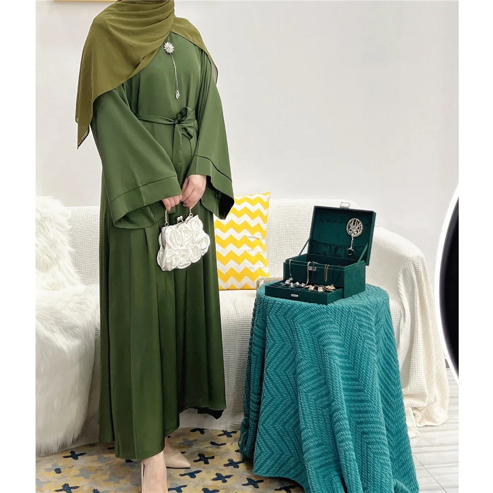 Elegant Shiny Satin Abaya Modest for Women Muslim Eid Dress Ramadan Kaftan Arabic Long Robe Dubai Femme Islamic Jalabiya Vestido 11 armygreen