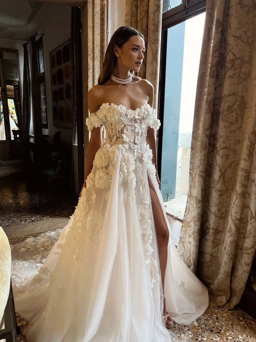 Lace Applique Wedding Dresses A-Line Sexy Mermaid Off The Shoulder Sleeveless High Slit Simple Mopping Bride Gowns Custom Made