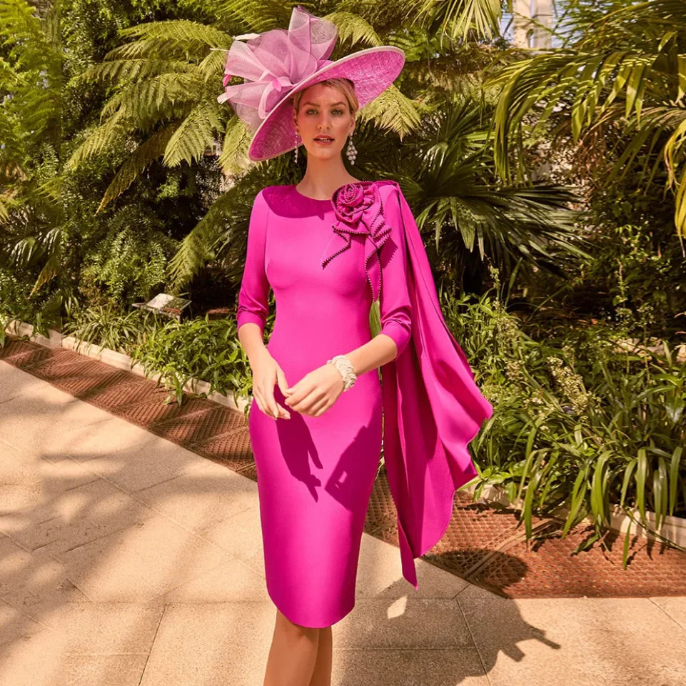 Party Gown for Mom of Groom Fuchsia Short Mother of The Bride Dress O Neck 3/4 Sleeves Flowers Knee Length Guest Gown Wedding same as picture 1
