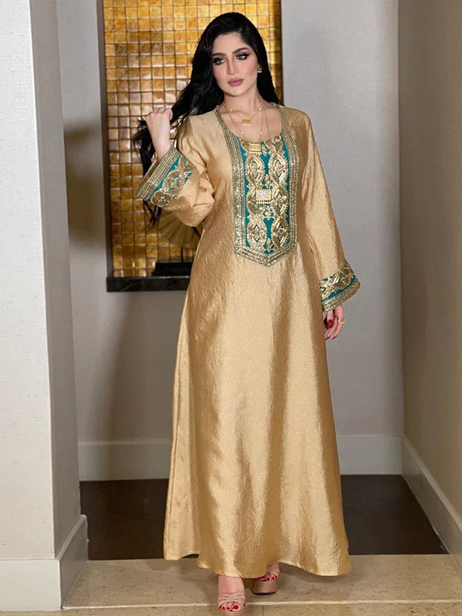 Fashion Solid Sequins Embroidery Abaya African Turkish Women Kaftan Clothing Jalabiyat Long Sleeve O-Neck Party Dress Golden Dress