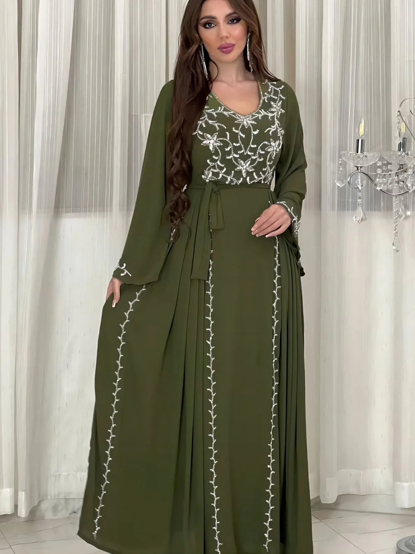 Dubai Embroiled Applique Dress Museum Elegant Party Dinner Robe Abaya Turkey Middle East Caftan For Party Wedding Women Clothing Army Green