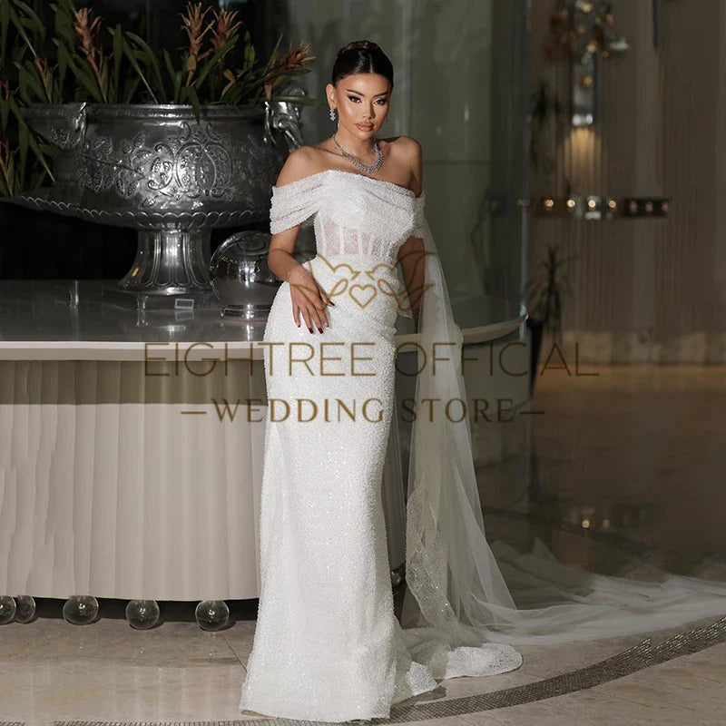 Elegant Mermaid Wedding Dresses Off The Shoulder Sequines Bridal Dress Boho Beach Wedding Prom Ball Gowns Customized