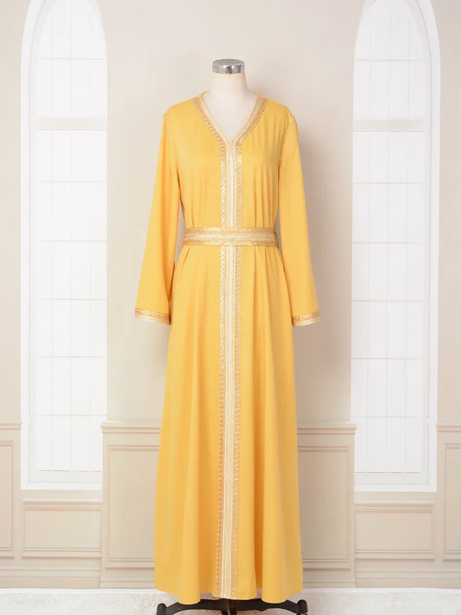 Muslin Kaftan Caftan Dresses for Prom V-neck Dubai Women Robe Embroiled Gold Beaded Lace Dress Abaya with Belt Elegant Fashion Yellow