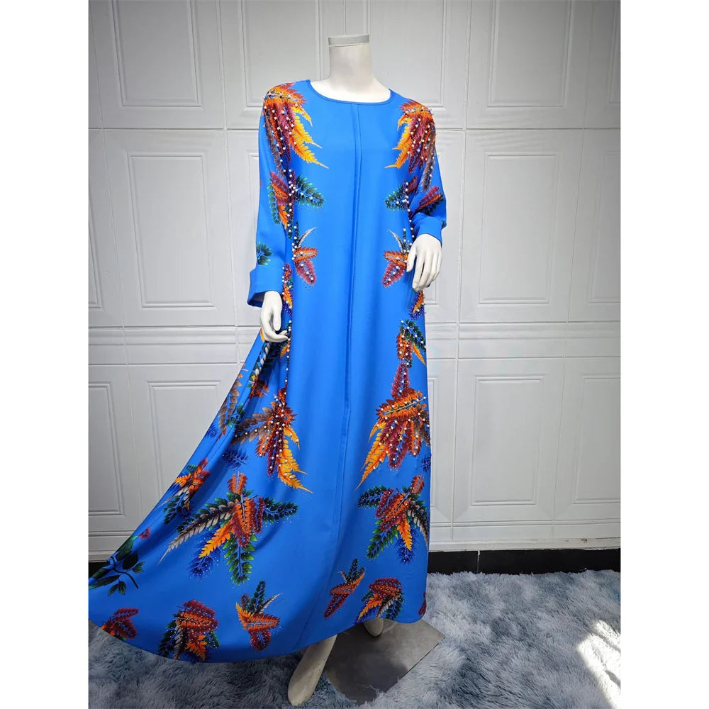 Moroccan Muslim Abaya Floral Print Women Long Maxi Dress Turkey Arab Dubai Eid Party Femme Ramadan Kaftan Jalabiya Vestidos Gown 072-3Blue