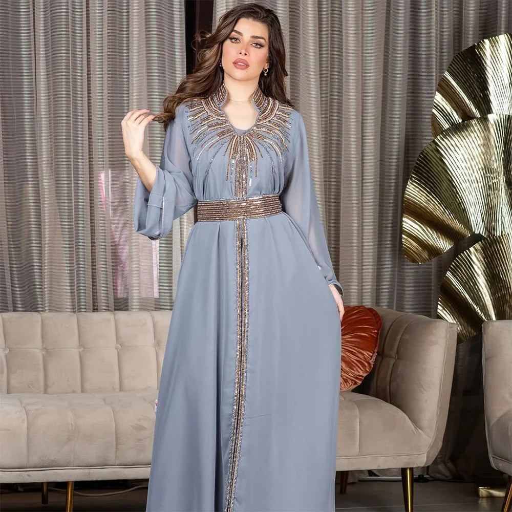 Turkish Abaya For Women Arabian Gown Moroccan Caftan Royal Women Fashion Hot Diamond Chiffon Dress With Belt Elegant V-neck Blue