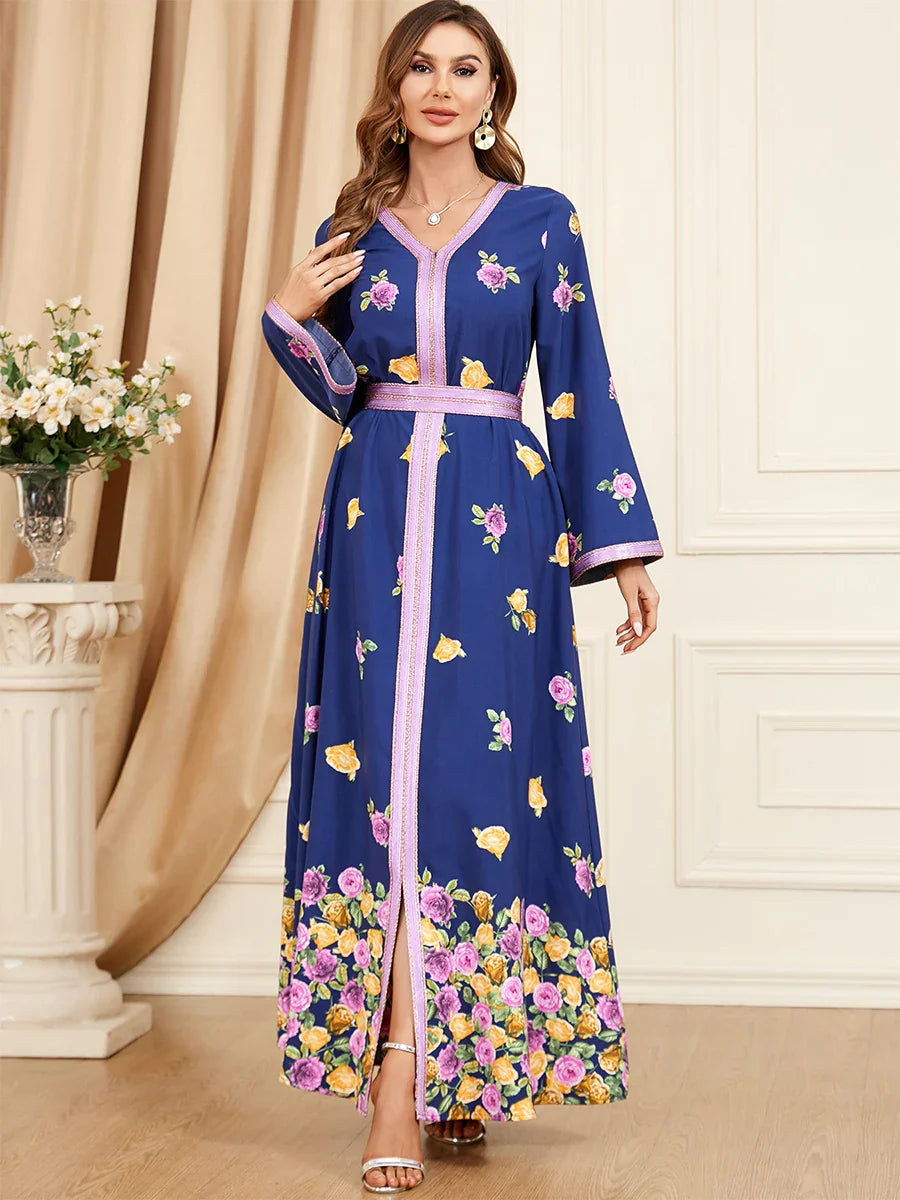 Chic Ethnic Print Abaya Dress Women Elegant Tape Trim V Neck Full Sleeve Loose Casual Belted Moroccan Dubai Jalabiya Blue Dress