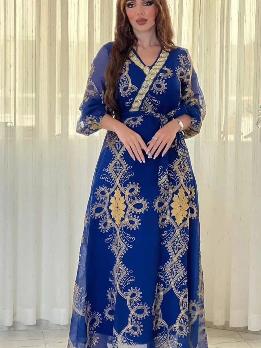 Arab Costumes Female Fashion Chic Mesh Embroidery Full Sleeve V-Neck Belted Clothing Muslim Elegant Women Evening Dress Blue Dress