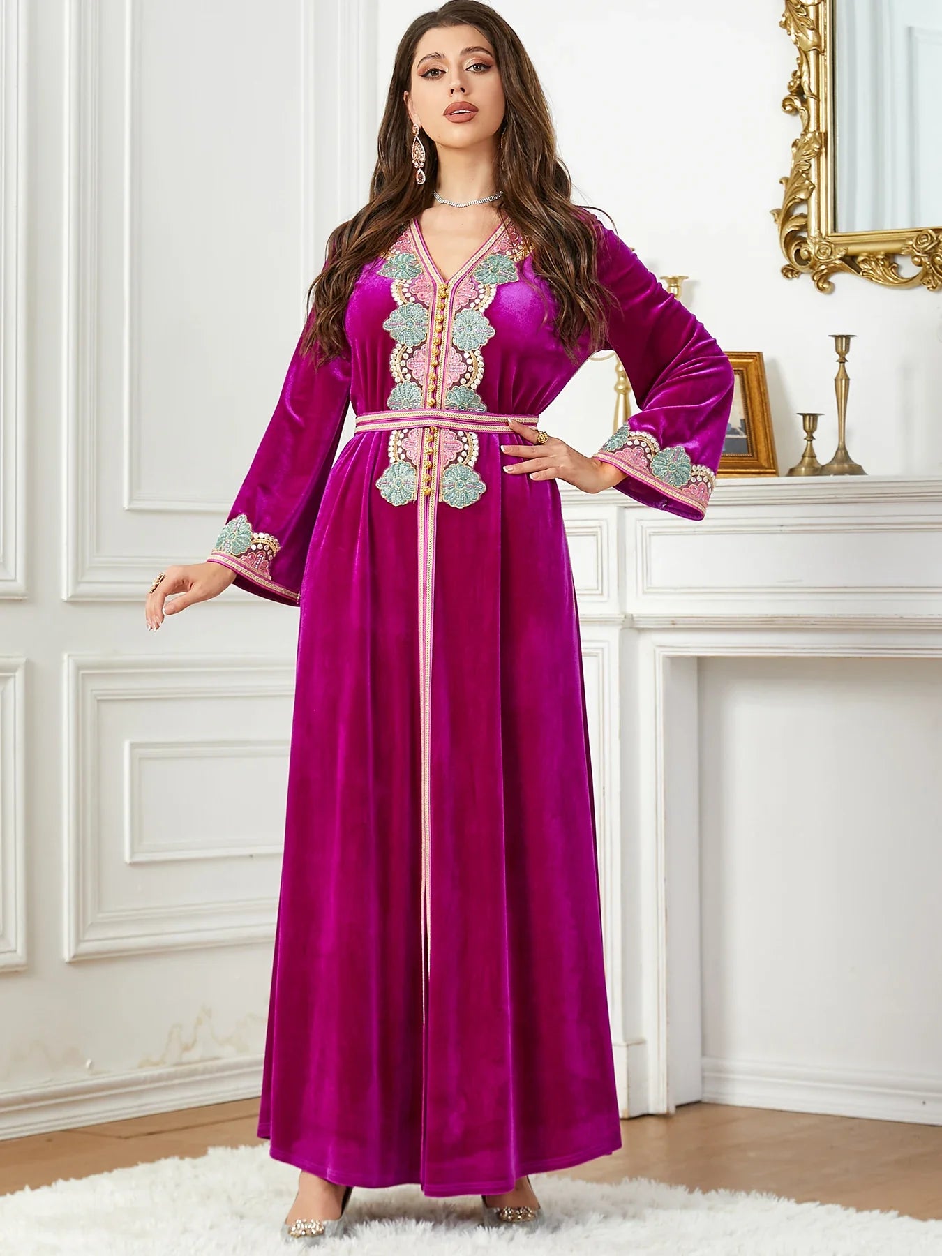 Winter Abaya Floral Appliques Velour Belted Arabic Dress Dubai Moroccan Islam Clothing Evening Party Muslim Women Kaftan Ramadan