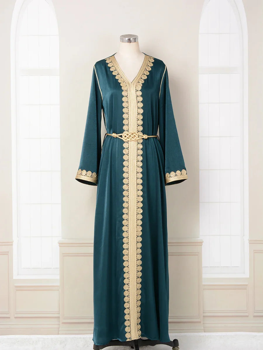 Muslin Dress For Prom V-neck Abaya Kaftan Dubai Arabic Robe Gold Embroidered Lace Fashion Museum Women's Dress With Belt Dark Green.