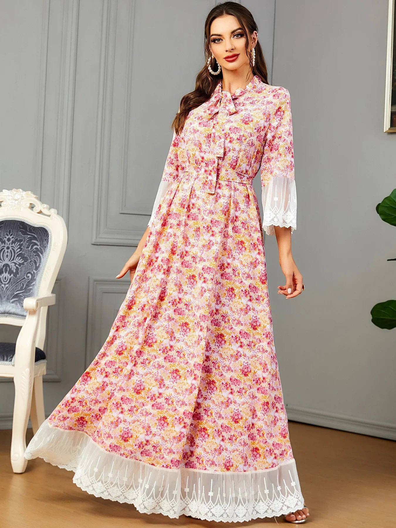 Floral Print Women' Long Dress Tie Front Ruffles Collar White Embroidered Lace Trimming Sweet Style Party Evening Robe Hijabi