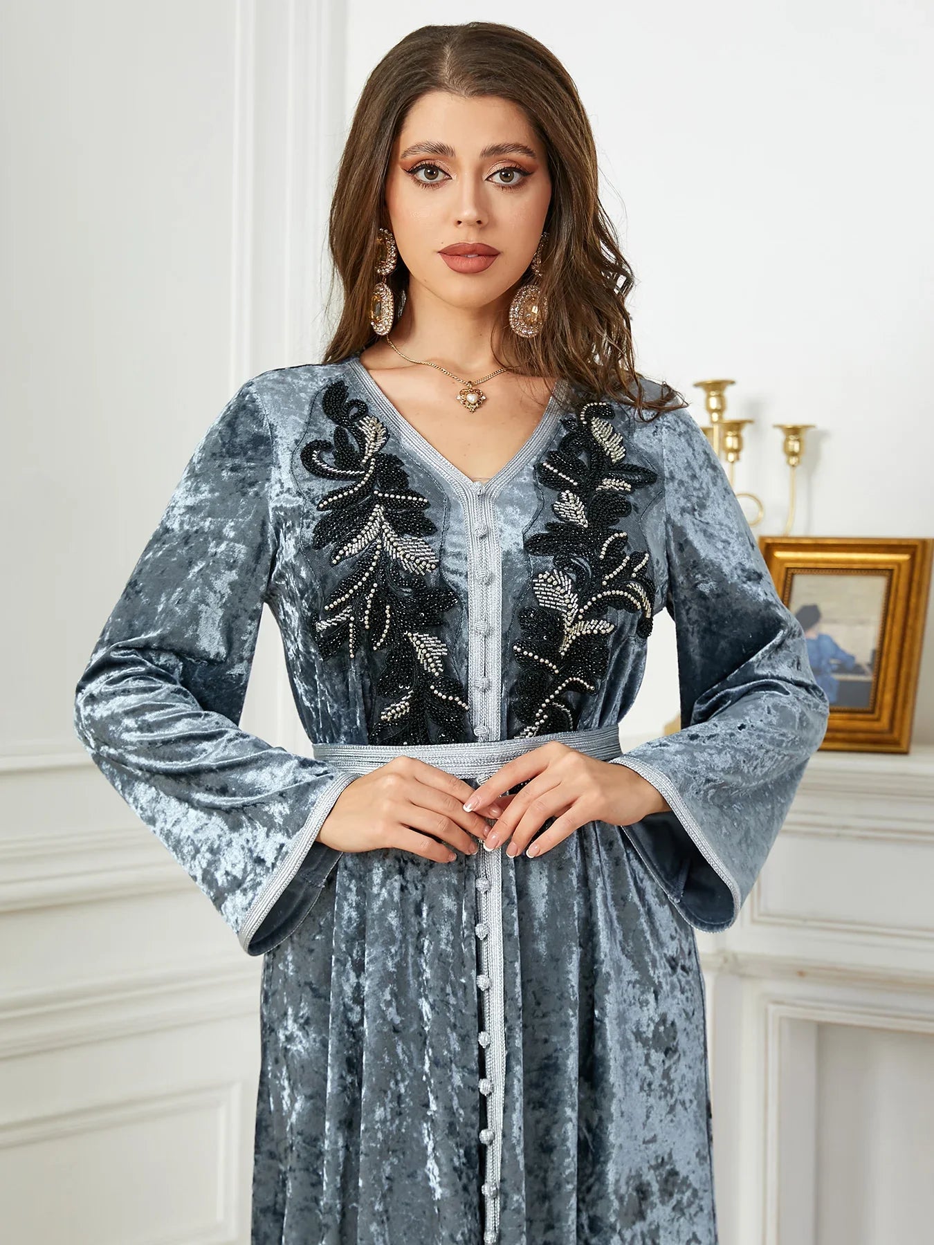 Velour Kaftan Dubai Moroccan Belted Arabic Dress Evening Party Winter Abaya Islamic Clothing Embroidery Appliques Muslim Women