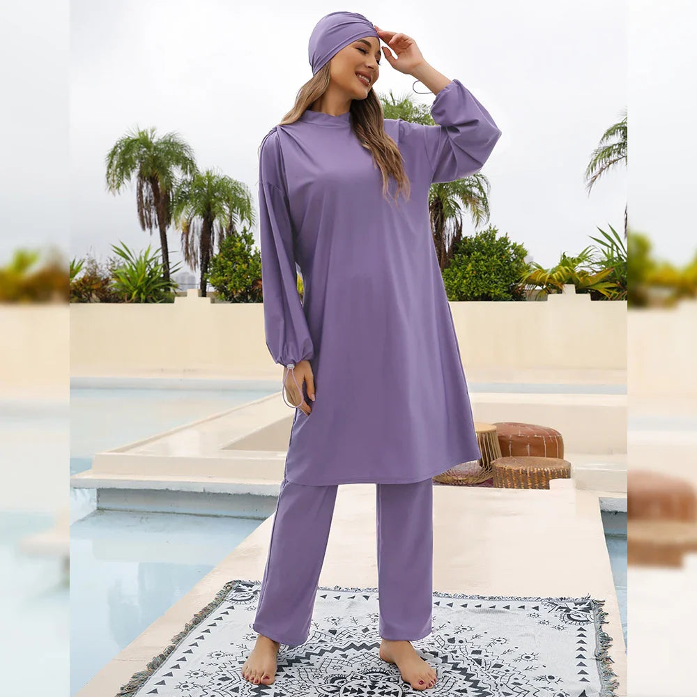 Birkini Muslim Woman 3 Piece Set Borkini Elastic Cuff Tops+Long Pants+Head Cap Islamic Clothing Dubai Turk Hijabi Swimsuit PURPLE