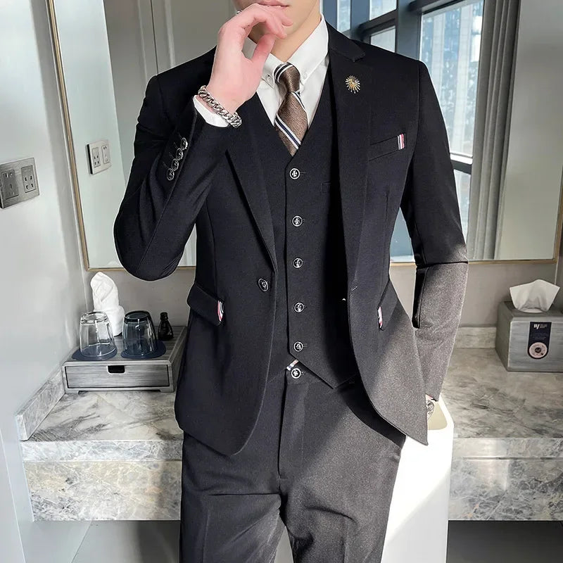 Suit Jacket Vest Pants 3 Pcs Set / 2023 Fashion New Men's Casual Business Solid Color Slim Fits Blazers Coat Trousers Waistcoat