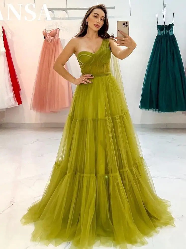 Sexy One Shoulder فساتين السهرة Mustard Green A-line Prom Dress Elegant Multilayer Sleeveless Vestidos De Noche as pic