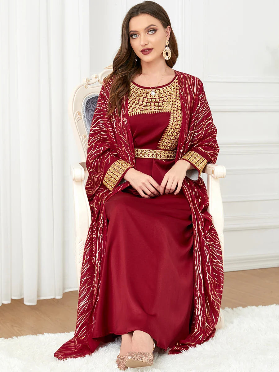 Elegant Casual Women's Dresses Abayas For Women Luxury 2 Piece Muslim Sets Embroidery Belted Kaftan Islamic Dresses Ramadan Red Abaya